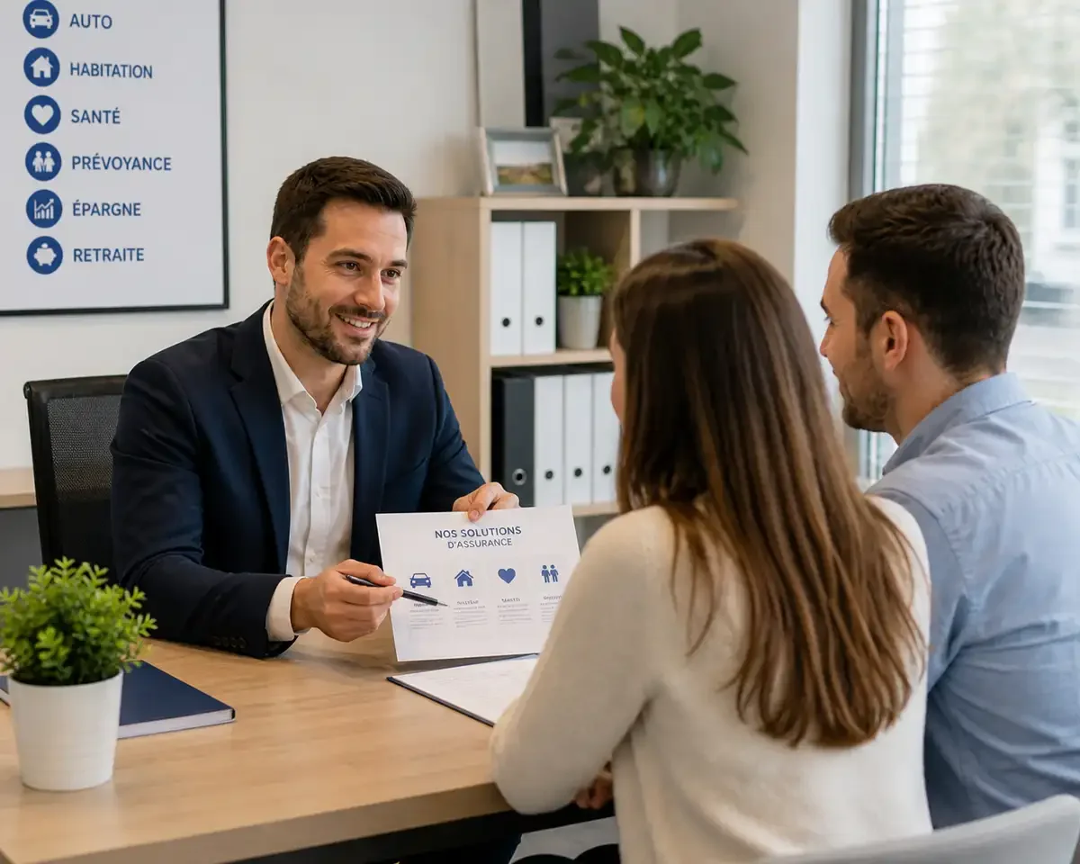 Conseiller en assurance présentant des solutions à un couple en agence, échange autour d’un contrat dans un bureau professionnel
