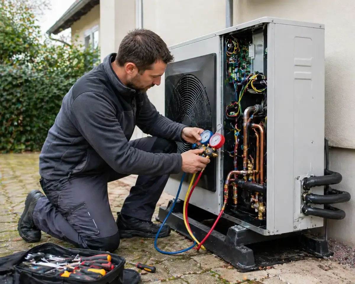 Technicien chauffagiste en train de contrôler et réviser une pompe à chaleur extérieure avec manomètres et outils professionnels