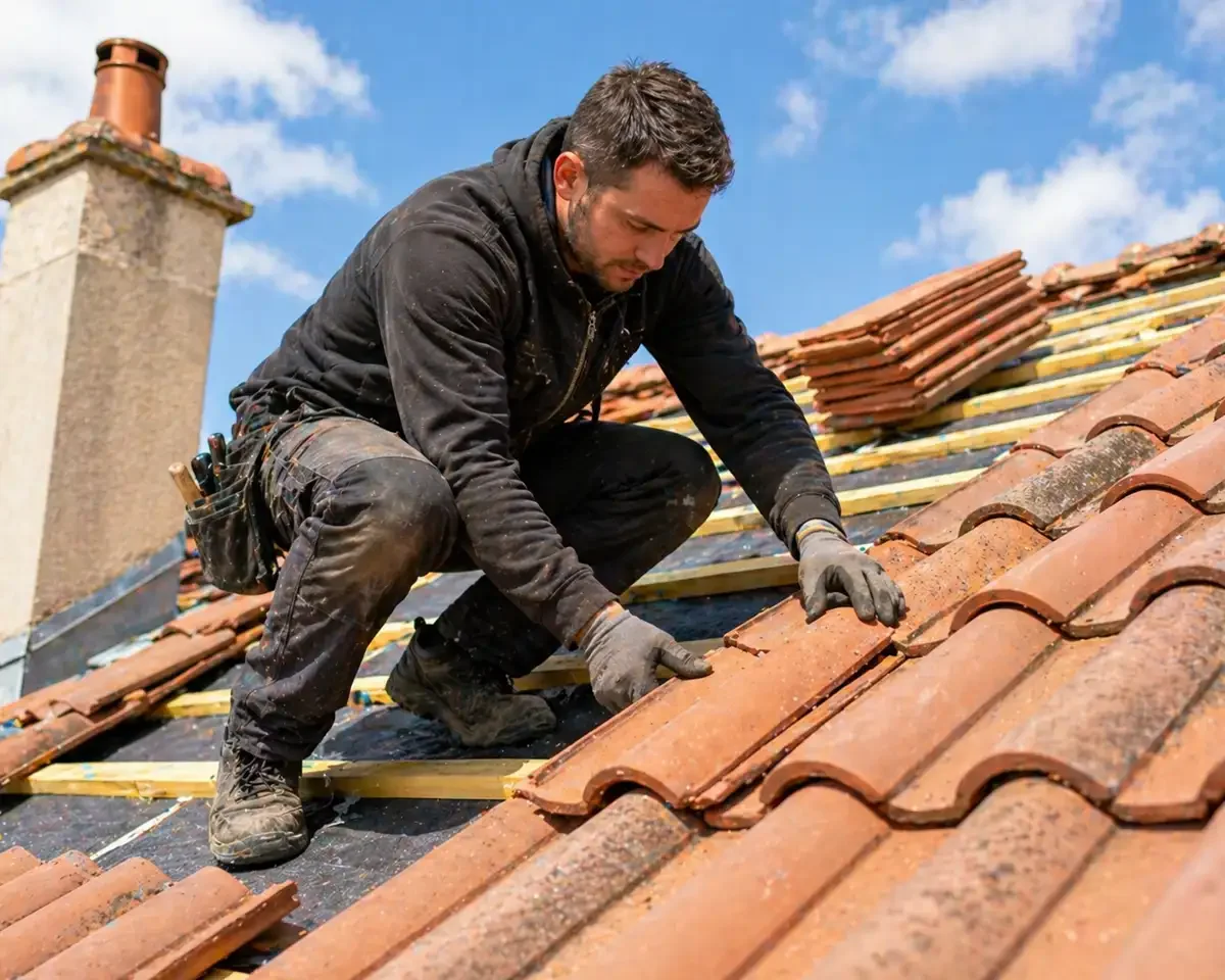 Couvreur en train de poser des tuiles en terre cuite sur une toiture inclinée lors de travaux de rénovation de toit