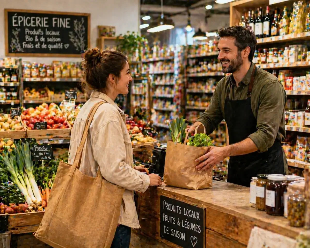 Client en train de faire ses courses dans une épicerie locale, commerçant remettant un sac de produits frais au comptoir