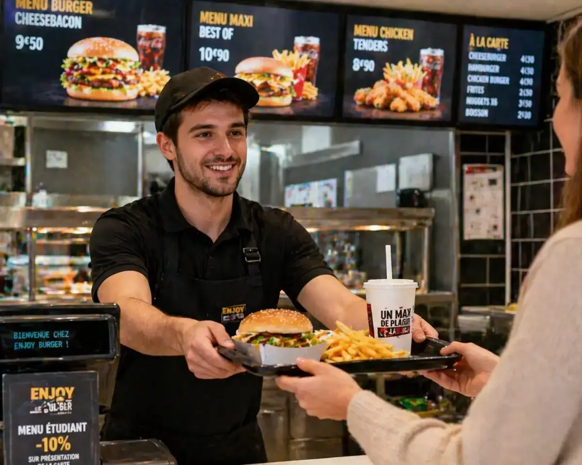 Employé tendant un plateau avec des burgers, frites et boisson à une cliente au comptoir d'un fast food