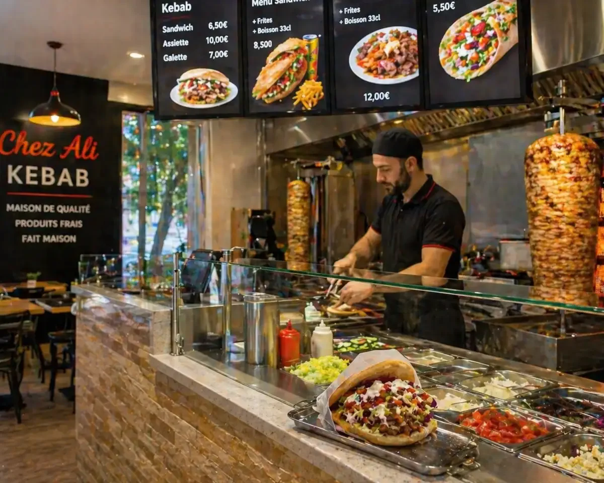Intérieur de kebab avec broche de viande, comptoir et ingrédients frais