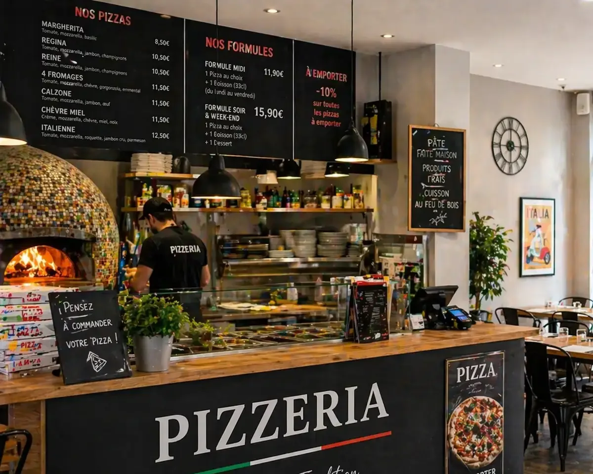 Intérieur de pizzeria avec four à pizza, comptoir et tables de restauration