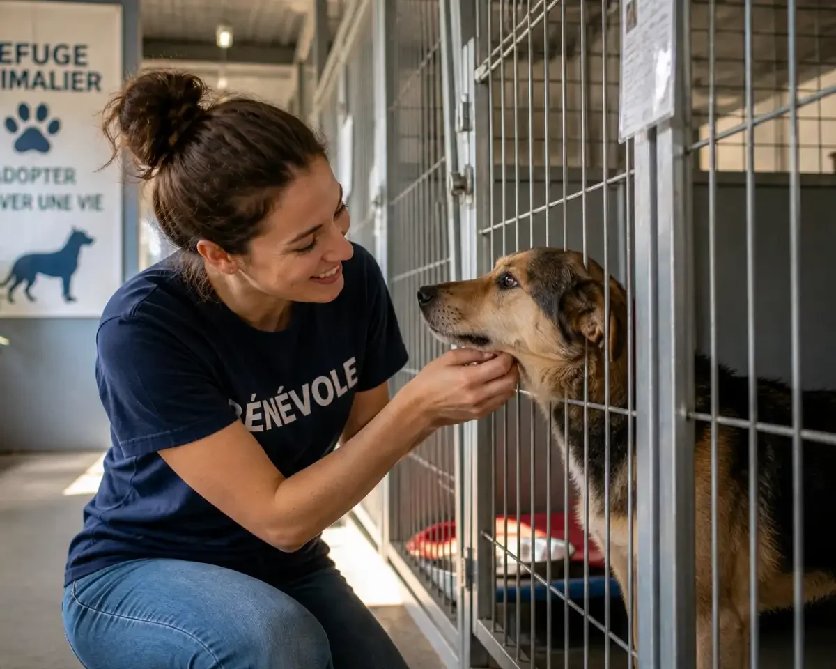 Bénévole dans un refuge animalier prenant soin d’un chien en cage, interaction douce en vue d’une adoption dans un centre d’accueil pour animaux
