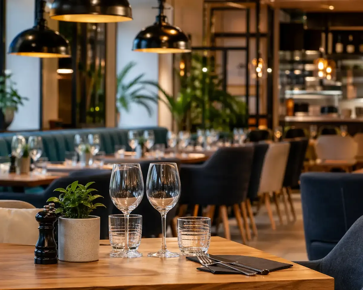 Salle de restaurant moderne avec tables dressées, verres et ambiance chaleureuse