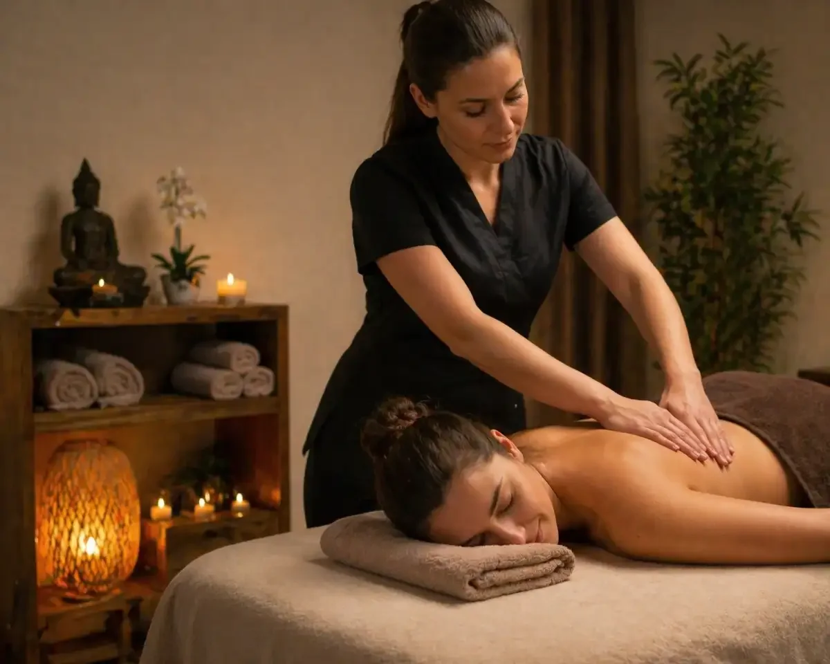 Praticienne réalisant un massage du dos sur cliente dans un salon de massage apaisant
