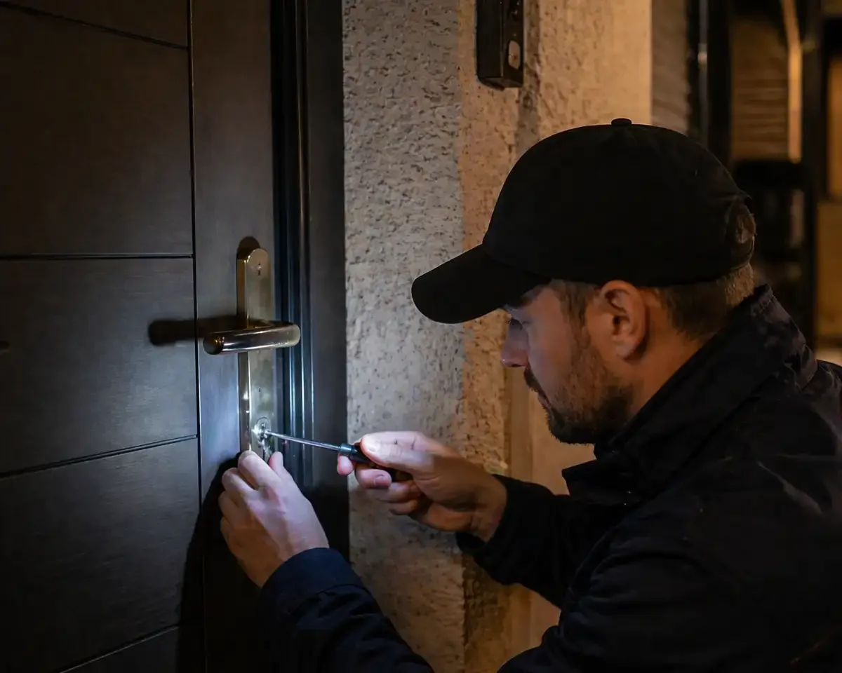 Serrurier intervenant de nuit pour réparer une serrure de porte d’entrée