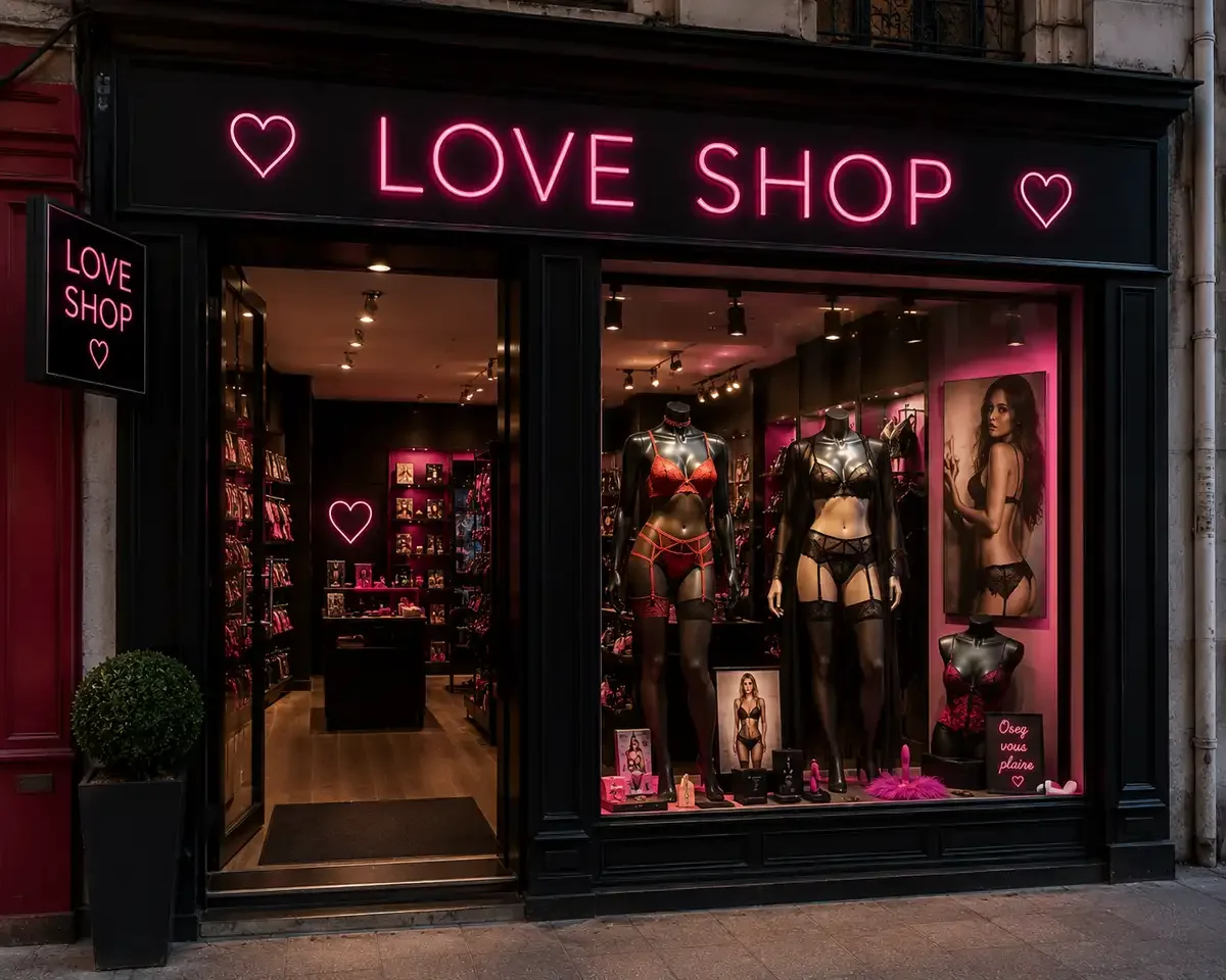 Boutique Love Shop avec vitrine de lingerie sexy et accessoires dans une ambiance élégante et lumineuse