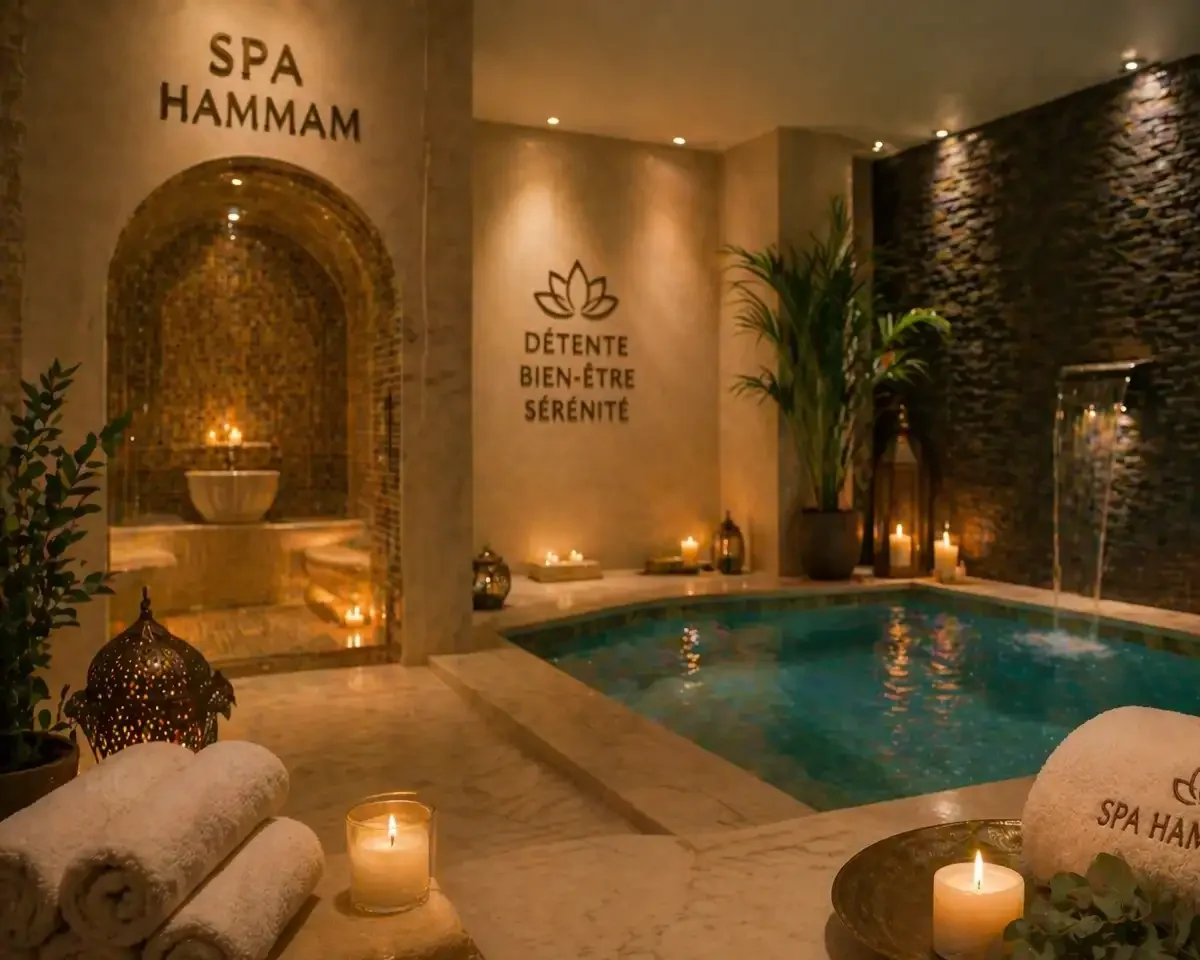 Espace spa avec hammam, bassin intérieur et ambiance détente aux lumières tamisées