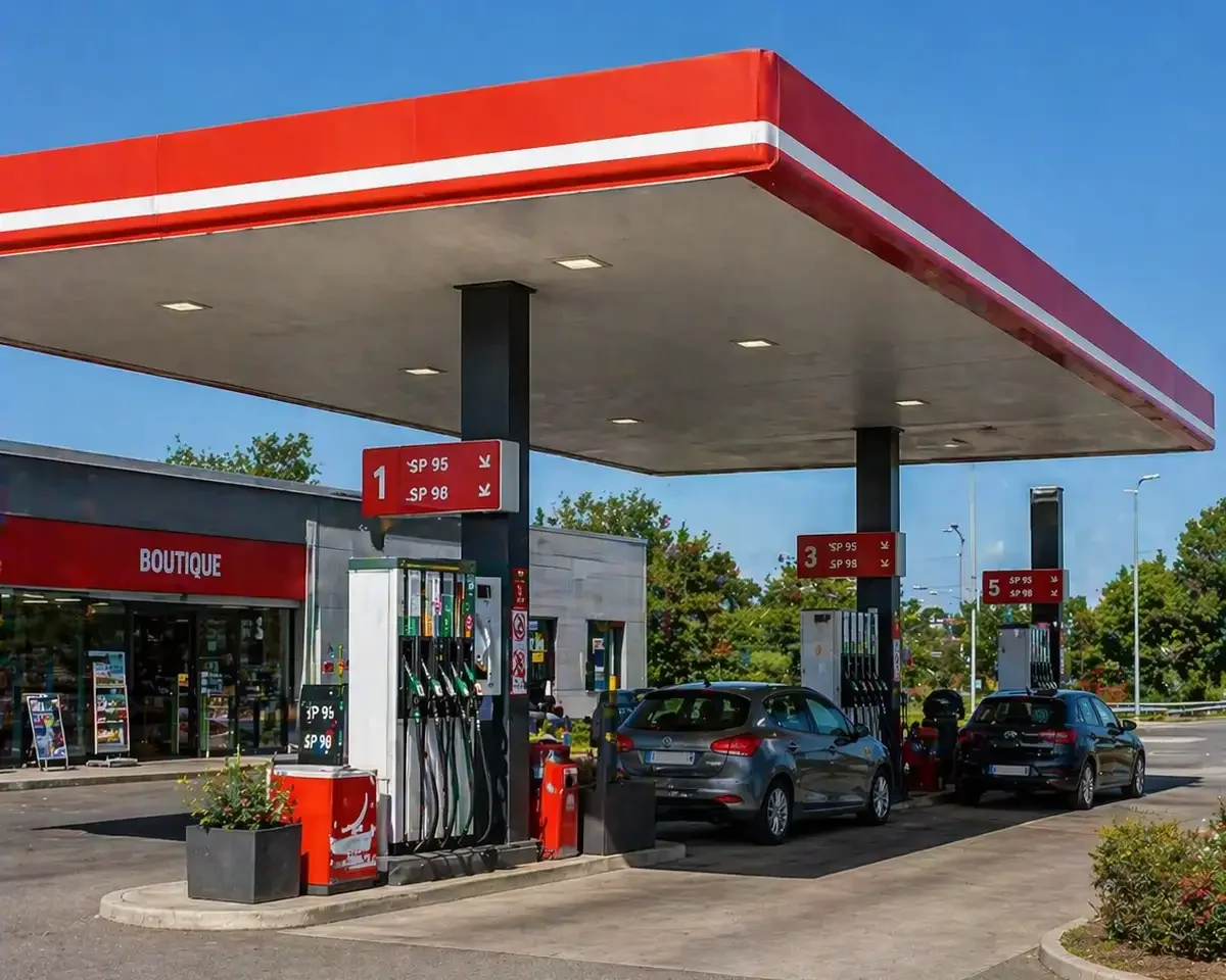 Station essence avec pompes à carburant, auvent et véhicules en ravitaillement