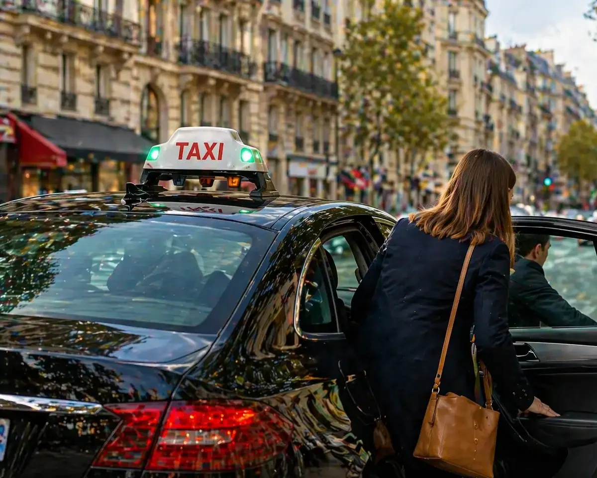 Taxi avec client montant à bord sur une rue urbaine animée