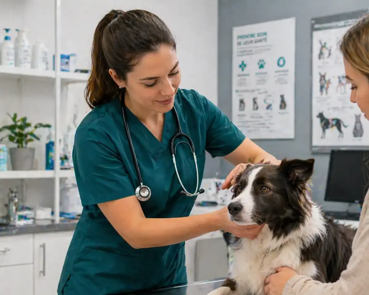 Vétérinaire examinant un chien sur table de consultation en clinique vétérinaire