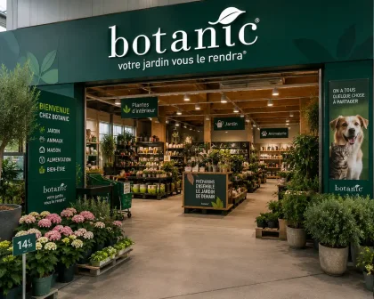 Entrée d’un magasin Botanic avec plantes, jardinerie et espace animalerie moderne