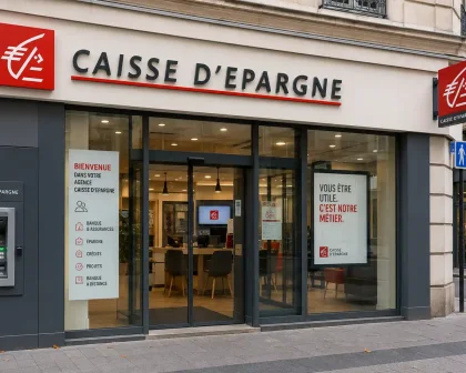 Façade moderne d’agence Caisse d’Épargne avec distributeur bancaire et espace d’accueil vitré