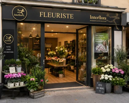 Fleuriste Interflora préparant un bouquet dans une boutique remplie de fleurs et plantes