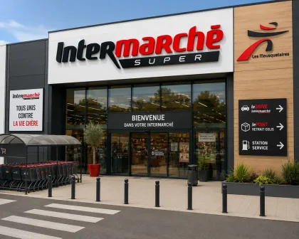 Entrée d’un supermarché Intermarché avec façade moderne, chariots et accès principal vitré