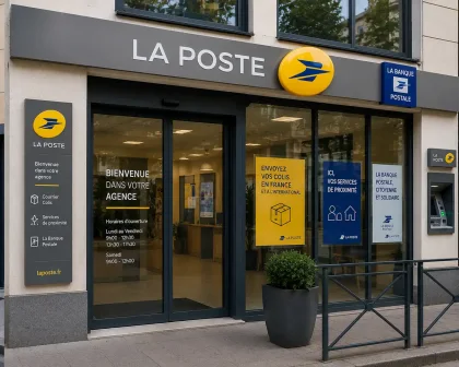 Façade d’agence La Poste avec espace colis, services bancaires et entrée vitrée moderne