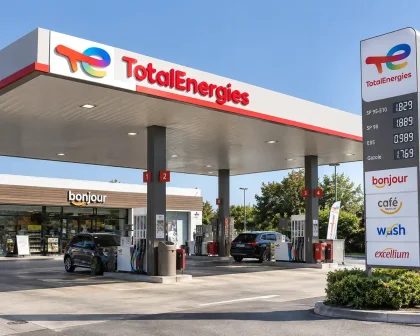 Station-service TotalEnergies avec pompes à carburant et boutique